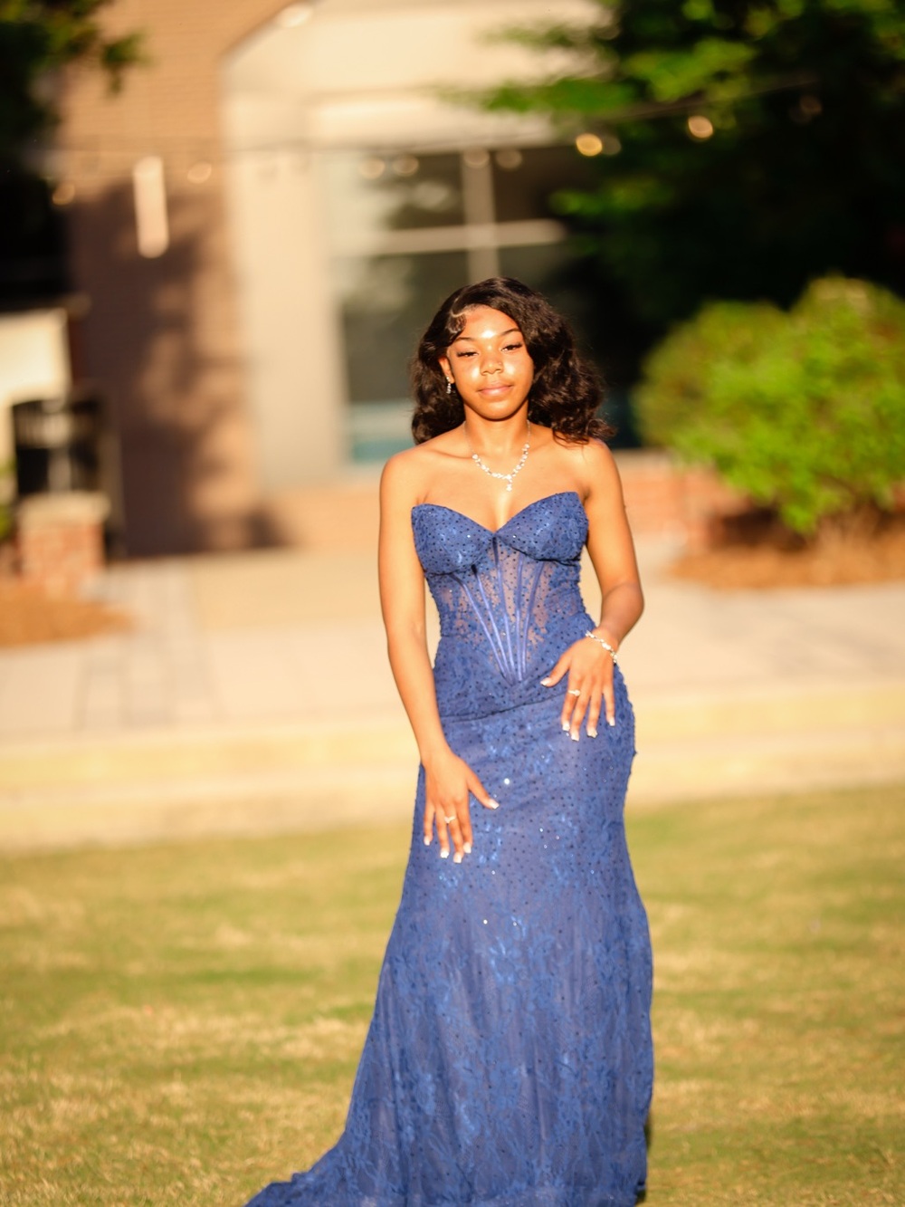Sherri Hill Navy Blue Strapless Sequin Lace Prom Gown